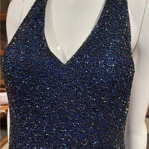 Dark Teal Blue Beaded Halter Evening Dress